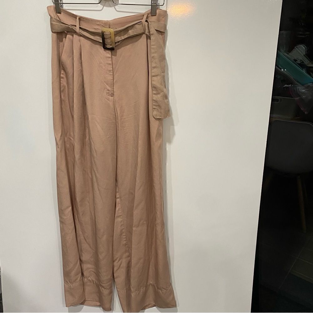 H&M tan wide leg tortoise‎ shell buckle high rise pants US 12